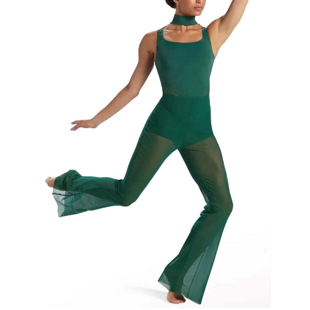 Balera Dance Costume Jumpsuit Womens S Emerald Green Mesh Wide Leg Pants Unitard